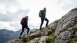 © Eka - Adventurous pair embarks on a strenuous mountain ascent, navigating a rocky trail amidst stunning natural landscapes, an exhilarating outdoor challenge