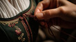 © artestdrawing - Close Up of Hands Carefully Braiding Intricate Red Threads on a Vintage Green Embroidered Garment