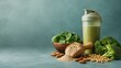 © Anucha - healthy green smoothie with ingredients including spinach, broccoli, almonds, soybeans, and protein powder on a green textured surface.