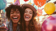 © Felipe - Two friends celebrating a birthday party, wearing party hats and holding balloons, bright colorful decorations, laughter and joy, casual fun party setting with friends around