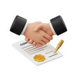 © Zun - 3D rendered business handshake over contract document with golden pen and seal for corporate partnership and successful deal icon isolated on transparent background.
