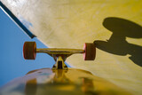 Close up of skateboard wheels and trucks on skate ramp