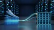 © Moksad - High performance server rack collecting holographic documents representing big data processing and automated backup systems in sophisticated dark tech facility with glowing blue lines.