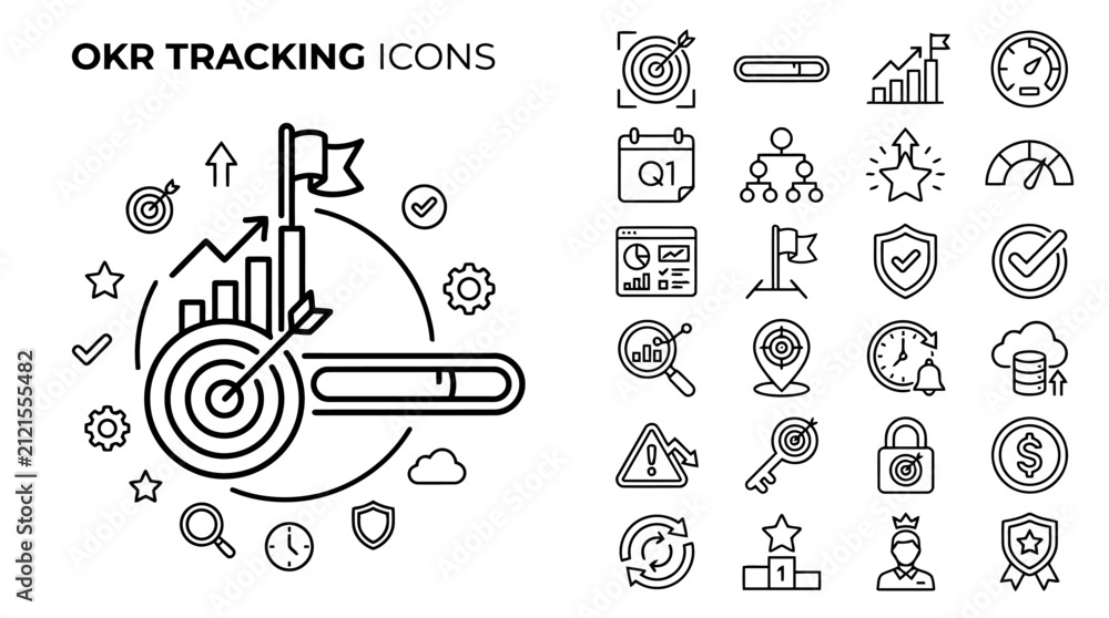 Okr tracking icons set, business goals and performance measurement ...