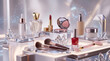 © AI Business Visuals - Cosmetics collection including perfume bottles, makeup brushes, and skincare products sits elegantly on reflective glass pedestals under soft ambient lighting to highlight a luxury beauty display.