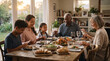 © rubia4511 - A multi-generational family gathered around a dinner table, sharing a meal and holding hands in prayer. The atmosphere is warm and intimate, with soft light streaming in from the windows