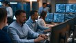 © Thares2020 - Professionals working at computer stations in a modern office environment with multiple monitors displaying technical data
