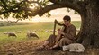 © Artem - Young David the shepherd plays a wooden harp under a large oak tree while a lamb sleeps at his feet in a rural green field at sunset.
