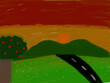 © lili - Simple  flat illustration of country road and green hills at sunset