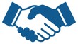 © USD - Handshake icon, one hand blue and one hand white, representing business agreement or partnership isolated on white background.