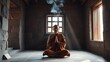 © AA - Buddhist monk in meditation pose inside ancient mountain temple with incense smoke.