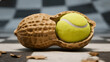 © AllYours - A yellow tennis ball rests inside an open peanut shell against a blurred black and white checkered background.