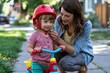 © spyrakot - Toddler wearing helmet beside tricycle as caregiver checks chin strap outdoors