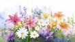 © ธีรเชษฐ์ ชิณวงศ์ - Vibrant watercolor painting of colorful flowers, including lilies, daisies, and other blossoms, creating cheerful atmosphere