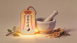 © dataze - Traditional japanese amulet and stone mortar with medicinal dried herbs arranged in a clean pixel art style