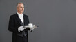 © Creative Store - A male butler wearing a formal black tailcoat, gray vest, white shirt, bow tie, and white ad social media download thambnail poster web template event festival 2026 2027 2028