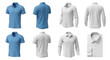 © kageyama - various angles of blue polo and white button down shirts on white background for fashion and clothing design product photography use