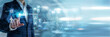 © FutureLogic Studio - Project supervisor collaborating and touching Team Work task assignments on a shared virtual screen. Group communication synchronization, collective goal productivity, and workplace unity.