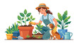 © Yumna - Woman planting with dog in garden, illustration style