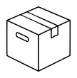 © Azizur - Isometric hand-drawn vector illustration of a sealed cardboard moving box icon with packing tape, carrying handle slot, and shipping label flap on minimalist white background