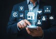 © lisha - Businessman using smartphone with digital retail and business management icons interface