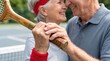 © Vera D - Senior active couple hands holding tennis racket together close up court background sport romantic retirement lifestyle healthy aging exercise relationship