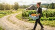 © SashaMagic - Woman farmer carrying crate of fresh organic vegetables on sunny farm path, documentary style