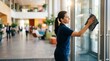 © SashaMagic - Woman polishing glass door in modern office lobby with sun flare, clean business environment