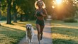 © ANEK - Jogging for exercise with golden retriever dog in the morning sunrise at park for better health.