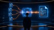 © Add Win - Executive overlooking a dynamic digital data transformation process, consolidating multiple source code files into a cohesive output on a futuristic screen.