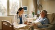 © Noman - Caring female doctor in white coat consulting elderly male patient in sunlit hospital room, holding hand at bedside with medical equipment, flowers, warm natural light streaming through window