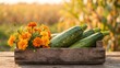 © erina - Fresh harvested zucchini and orange marigold flowers in a wooden crate.