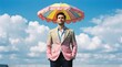 © Jakli - A stylish young man wearing a patterned blazer standing under a colorful rainbow umbrella against a blue sky