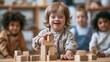 © 69 - Happy young child with developmental disability playing with wooden building blocks indoors in preschool educational environment with diverse peers in background