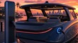 © TransPicHub - A sleek electric car charges at sunset near a waterfront with a city skyline and palm trees in the background.