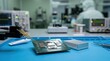 © DigitalSpace - AI semiconductor chiplet package on interposer with solder bumps, thermal interface material, probe needles, and miniature heat sink on a clean bench.