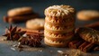 © backup_studio - Stack of patterned butter cookies with star anise and cinnamon sticks on dark stone background. Homemade festive pastry dessert for Christmas holiday celebration or winter snack.