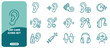 © ico-vect - Set of 15 ear care and audiology line icons, featuring hearing aids, otoscope, ear drops, anatomy, and sound wave symbols in teal on white background