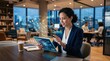© William - Smiling businesswoman using AI powered analytics tablet with predictive insights and neural network graphics, illustrating artificial intelligence and machine learning in a modern