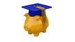 © Piotr - Yellow piggy bank wearing a blue graduation cap with gold tassel, isolated on transparent background