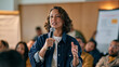 © Maksym Tereshchenko - A grant writer surrounded by a warm indoor gathering crowd presents a funded proposal for a spiritual emergency support center, flipchart visible, diverse attendees leaning forward with interest, co