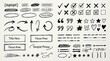 © A.K .Studio - Hand drawn doodle collection features various arrows checkmarks stars hearts speech bubbles lines and decorative frames sketched in black ink on a clean white textured background