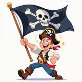 Joyful junior pirate man beams with excitement, pumping a giant flag aloft on a clean white background.