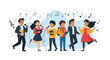 © Afroza - Cheerful group of school children singing together in a choir with microphones and musical notes in the background.