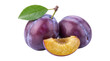© Png ProTeam - Two ripe purple plums with green leaf and one juicy fruit slice isolated on transparent background png cut.