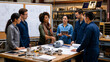 © chamath - Multi-Ethnic Aerospace Engineering Team Examining Spacecraft Model, Diverse Women Leading Discussion in Workshop with Technical Blueprints, STEM Collaboration