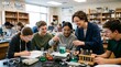 © DR Moura - Teacher guides diverse students in a high school science lab experiment with colorful liquids and safety goggles
