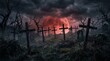 © Zaidil - An ominous and chilling graveyard scene at twilight with numerous crosses and tombstones under a dramatic, blood-red moon, perfect for horror and Halloween themes