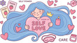 © Md - Cute self love concept vector illustration with a cartoon girl holding a heart face masks sleeping mask and candle for mental health design