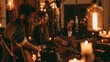 © pisan thailand - Musicians jamming together in a cozy recording studio bathed in warm amber ambient light, captured with soft natural light and generous copy space